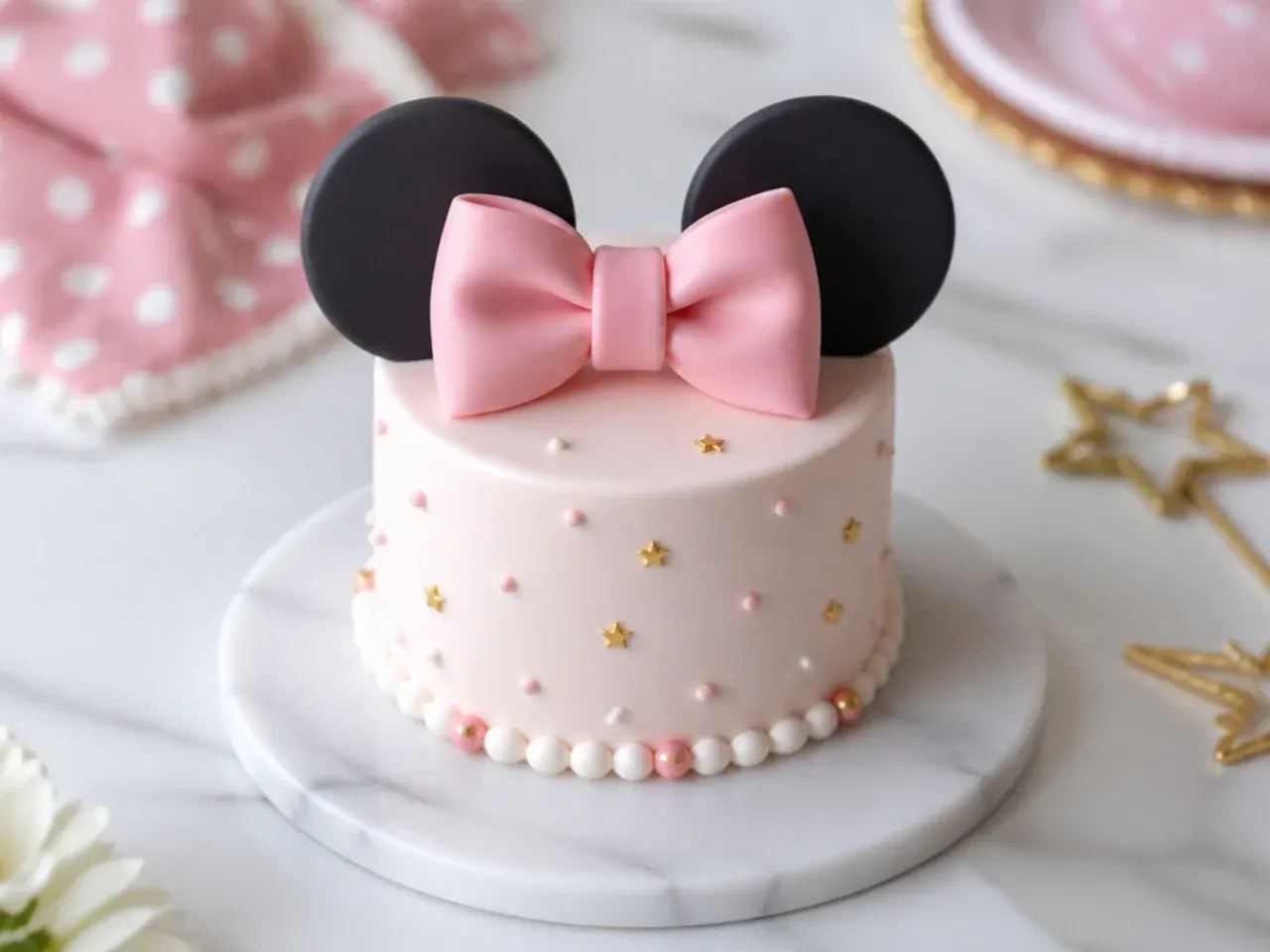 Minimal blush mini Minnie Mouse cake with a single statement bow