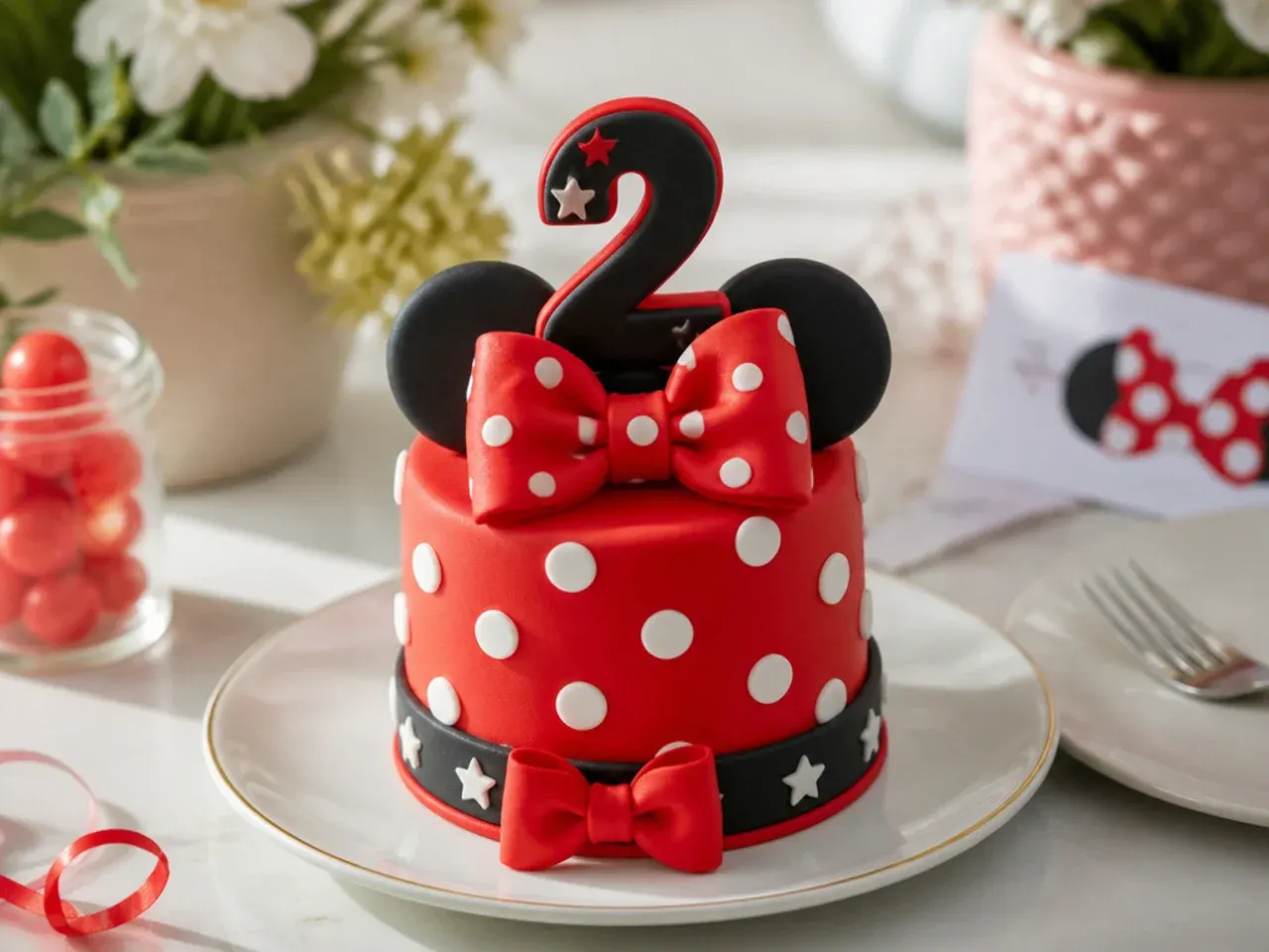 Festive mini Minnie Mouse birthday cake with a fondant number topper