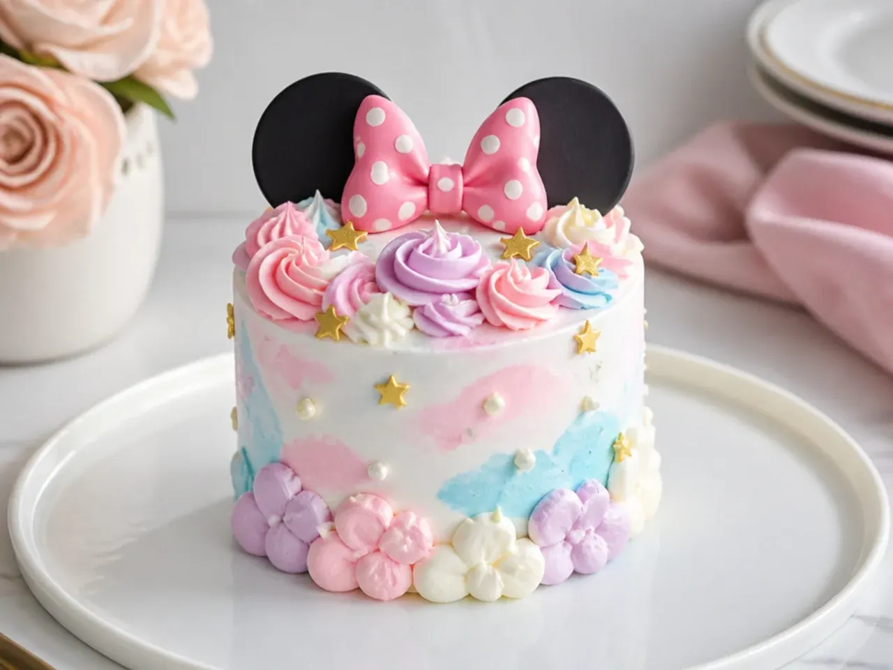 Whimsical pastel cloud mini Minnie Mouse cake with piped buttercream swirls