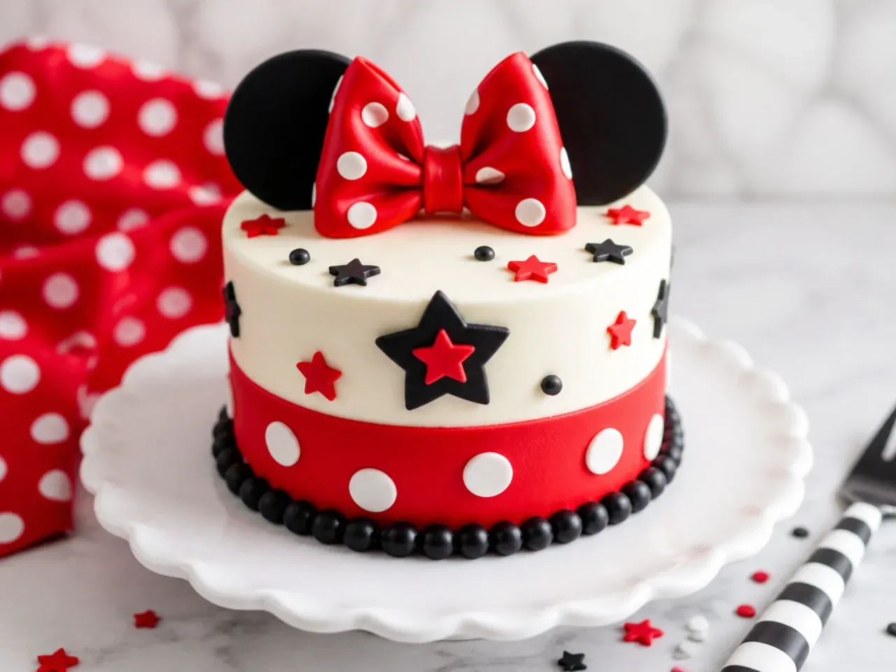 Bold color-block mini Minnie Mouse cake in red, white and black