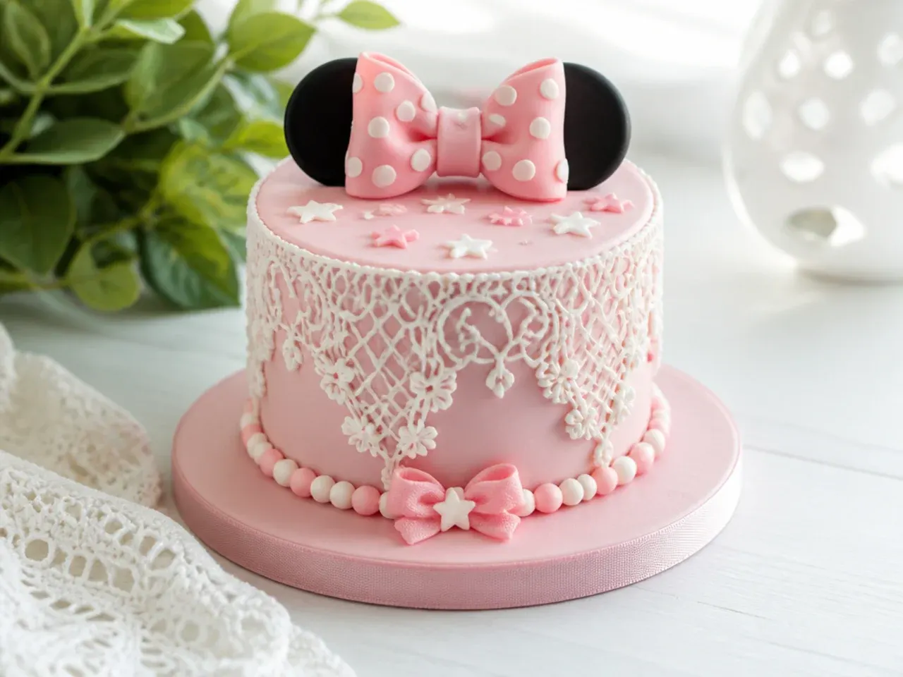 Delicate lace-piped mini Minnie Mouse cake on a blush base