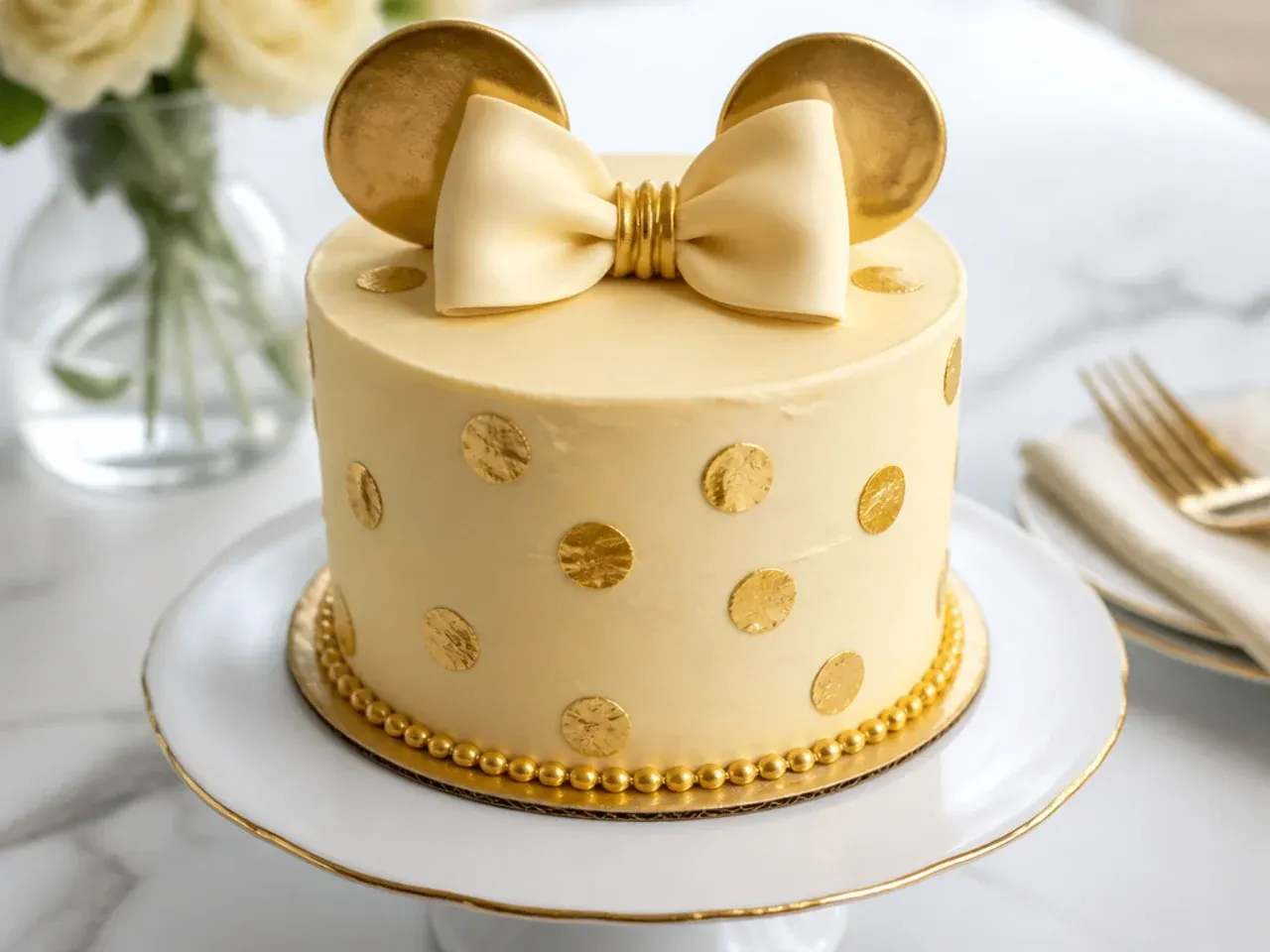 Vintage cream and gold mini Minnie Mouse cake with gold-leaf polka dots