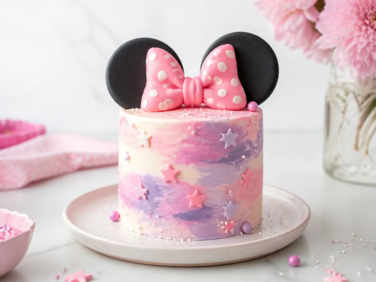 Creative watercolour buttercream mini Minnie Mouse cake in pink and lilac