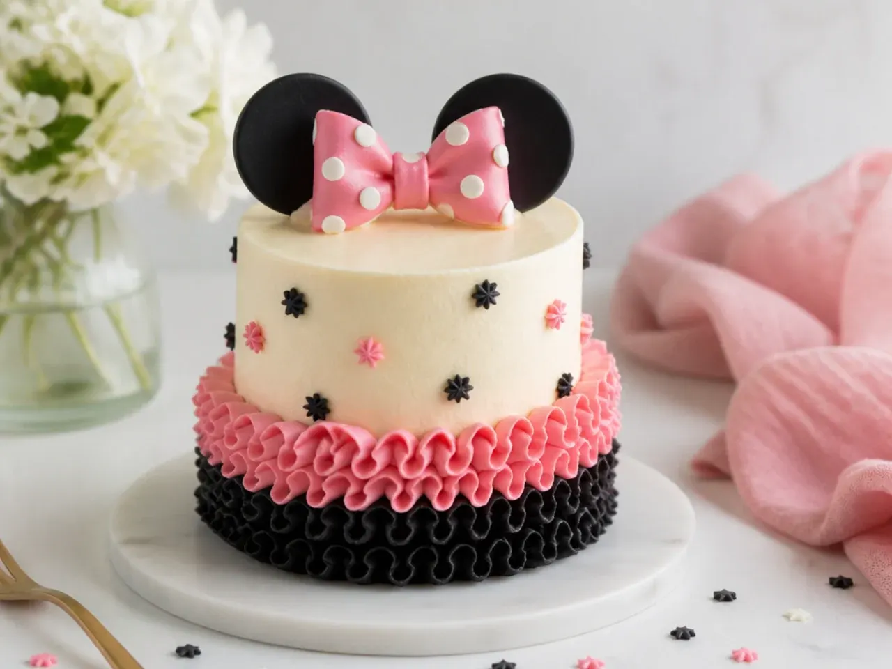 Charming ruffle-skirt mini Minnie Mouse cake piped with a petal tip