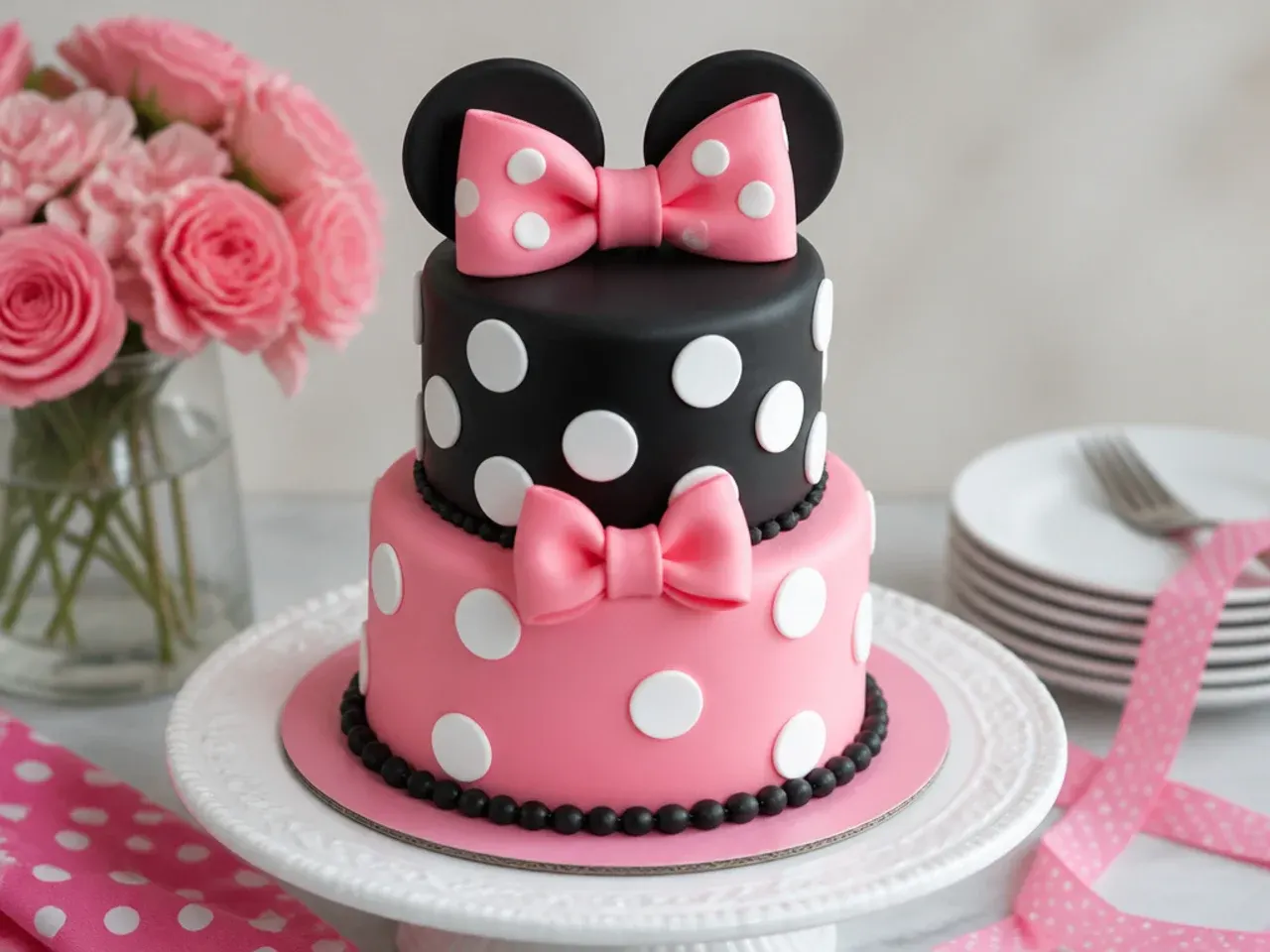 Classic two-tier stacked mini Minnie Mouse cake with polka dots and a bow