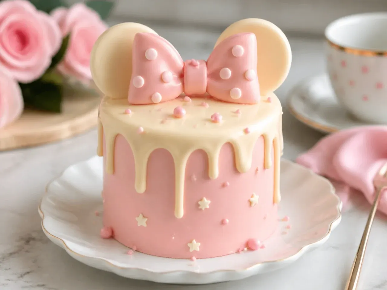 Elegant white-chocolate drip mini Minnie Mouse cake with rounded ears