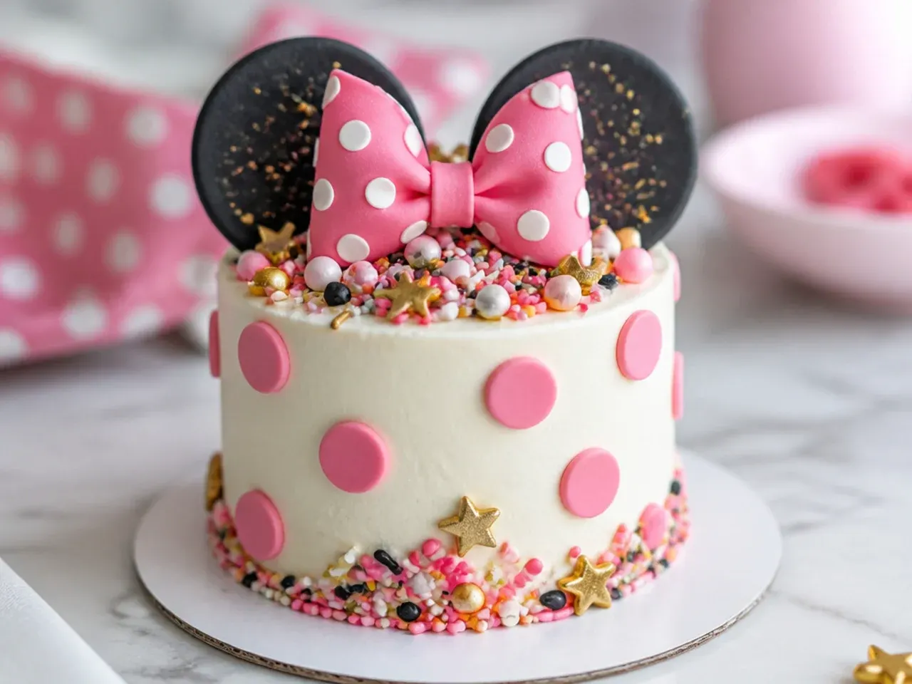 Playful sprinkle-explosion mini Minnie Mouse cake with a confetti border