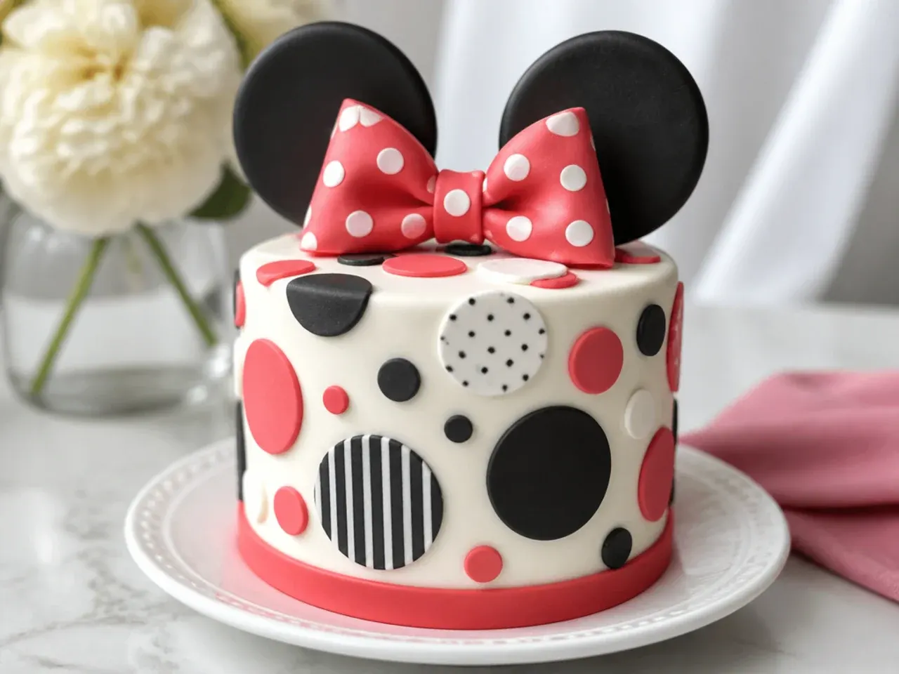 Modern geometric polka-dot mini Minnie Mouse cake with matte black ears