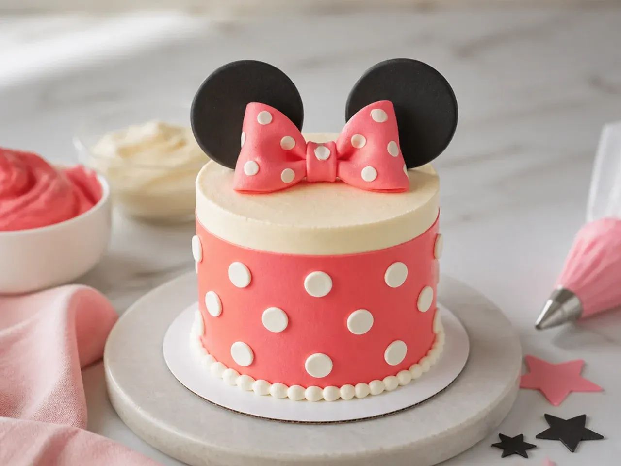 Tips for making a mini Minnie Mouse cake easier with buttercream and gel colours