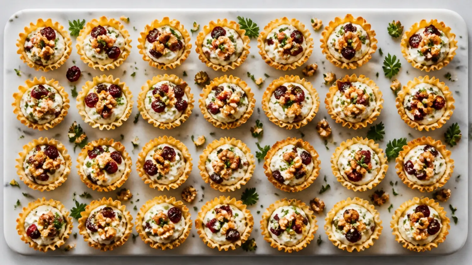 A wooden platter of mini phyllo cup appetizers filled with a colourful mix of cheese, meat and vegetable toppings