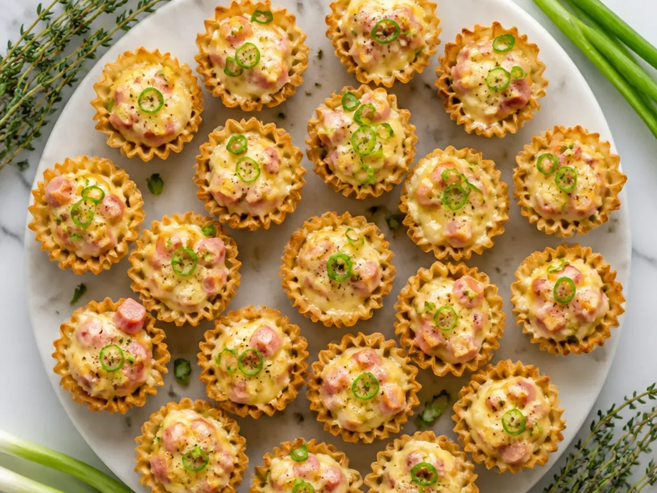 Mini phyllo cups filled with diced ham and melted Swiss cheese