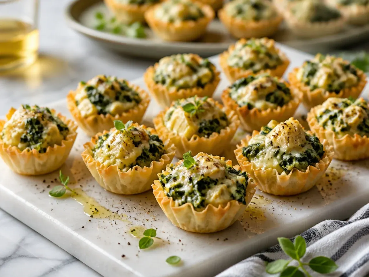 Golden baked phyllo cups filled with creamy spinach and artichoke dip
