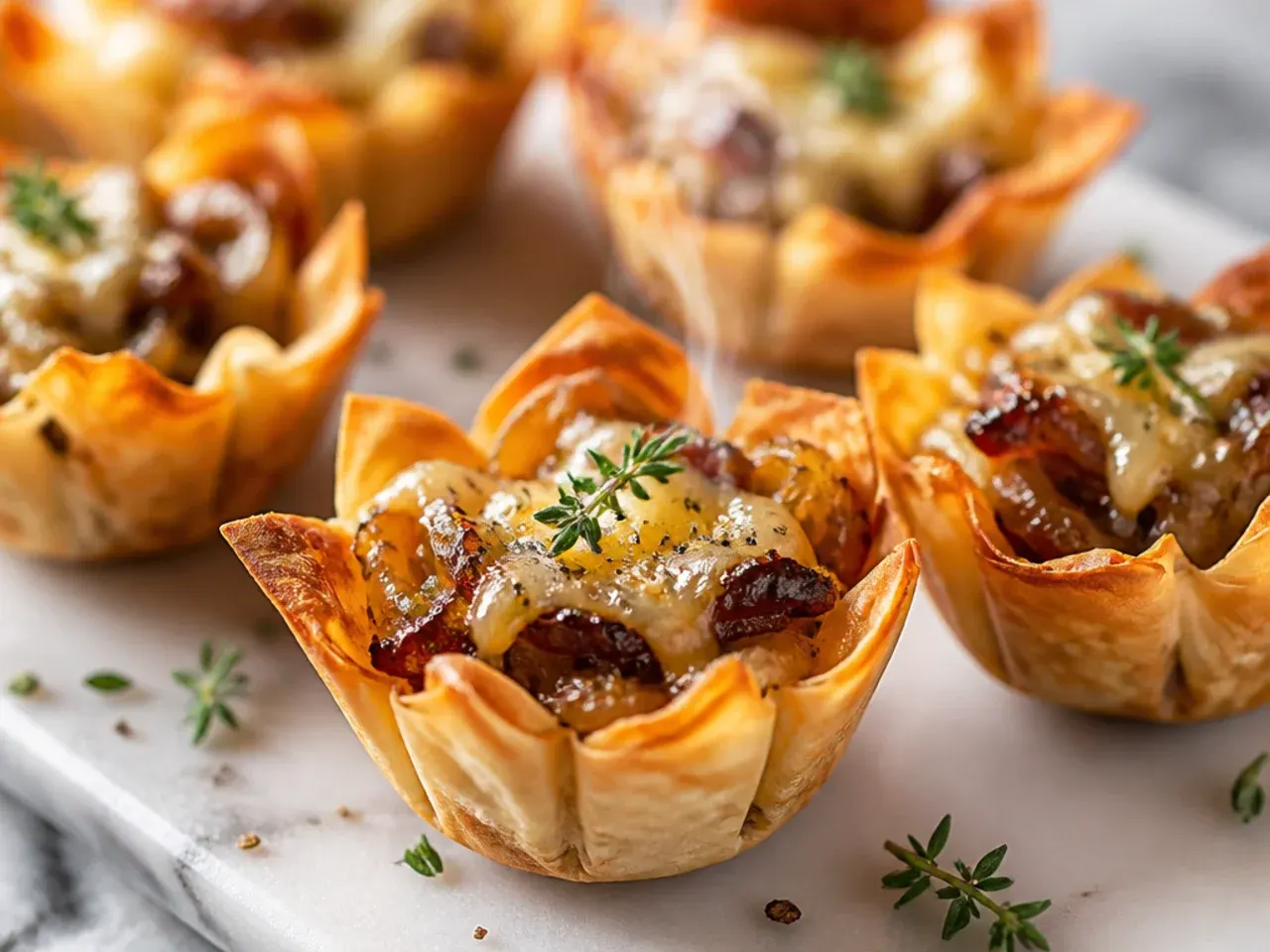 Mini phyllo cups topped with caramelised onions and melted Gruyère cheese