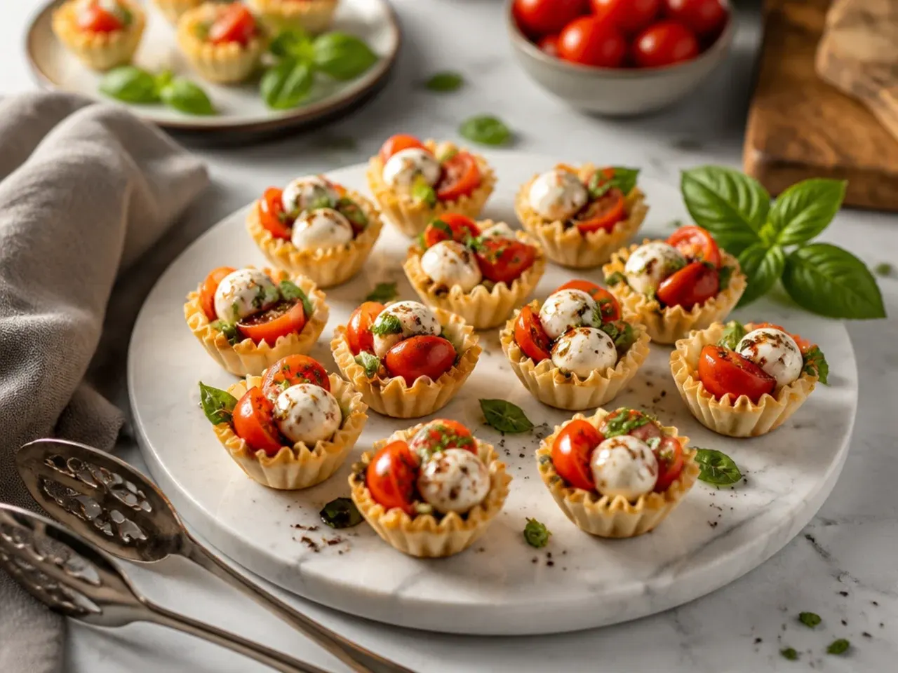 Fresh mini phyllo cups filled with mozzarella, cherry tomato and basil