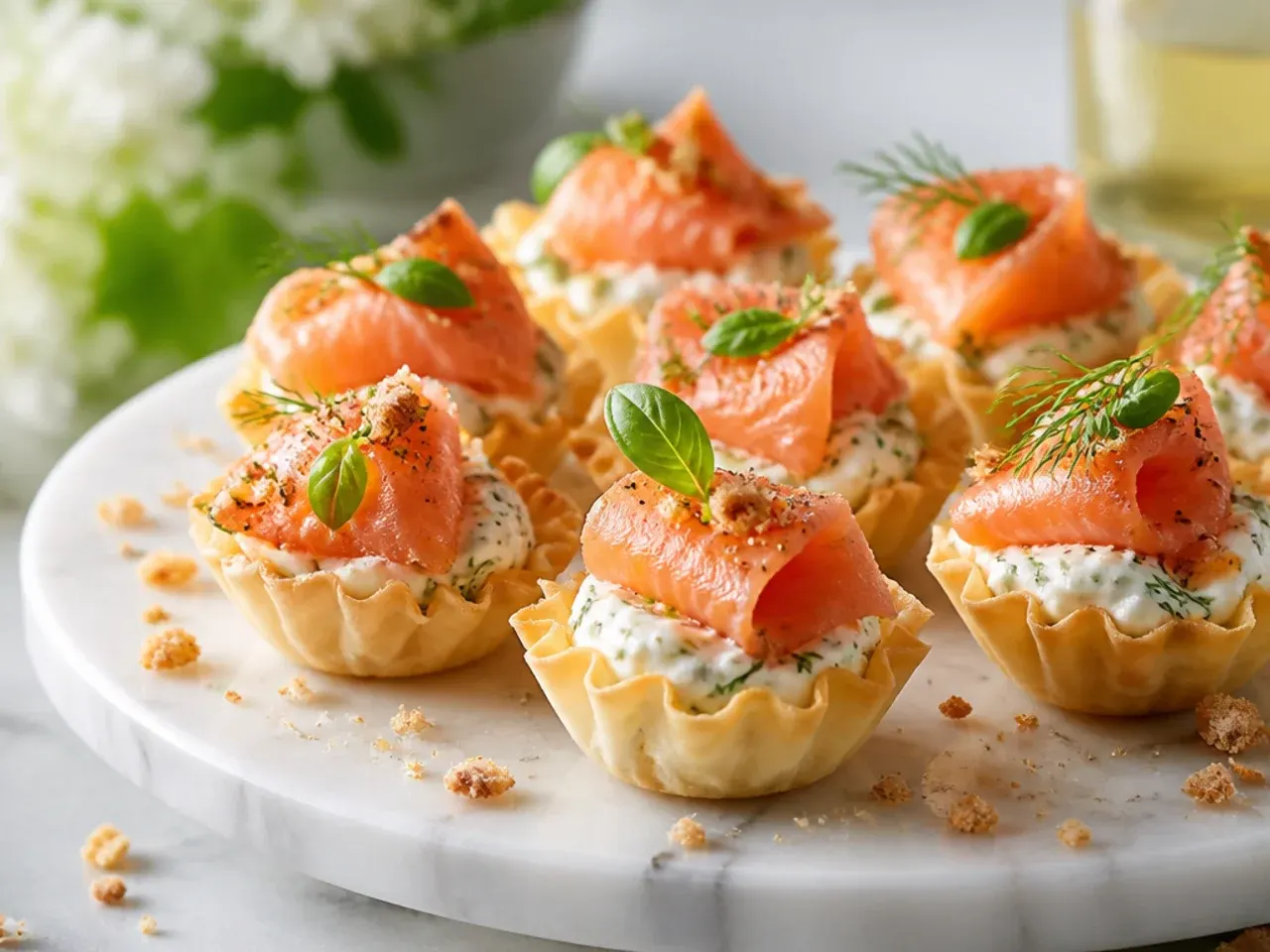 Mini phyllo cups piped with dill cream cheese and topped with smoked salmon curls