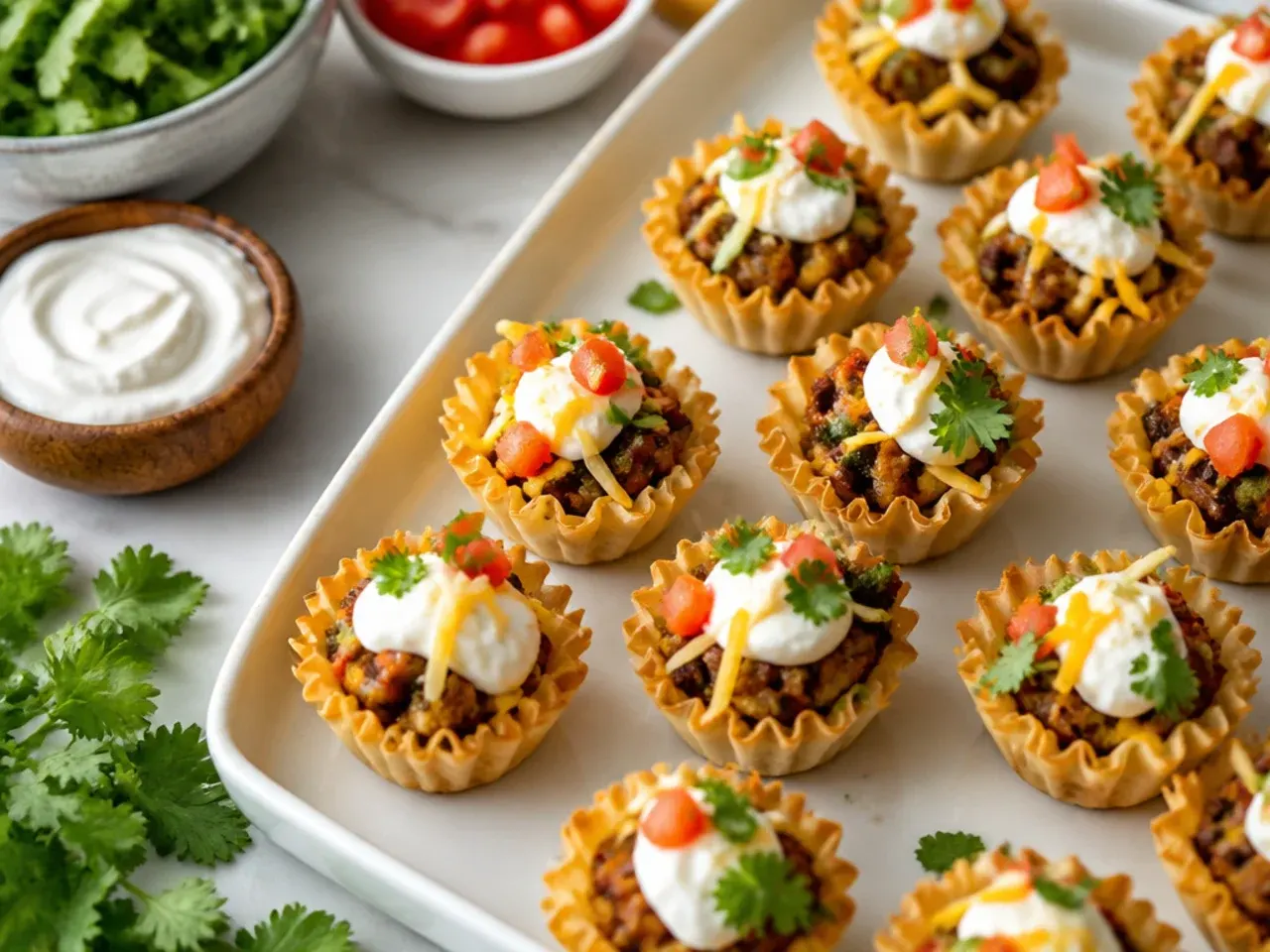 Mini phyllo cups filled with seasoned taco beef, cheddar and fresh toppings
