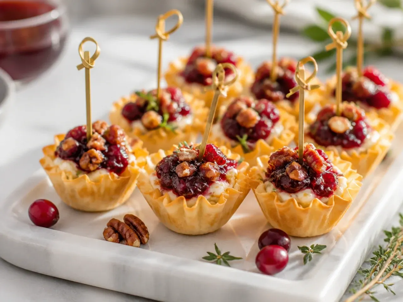 Mini phyllo cups filled with melted Brie cheese and cranberry sauce