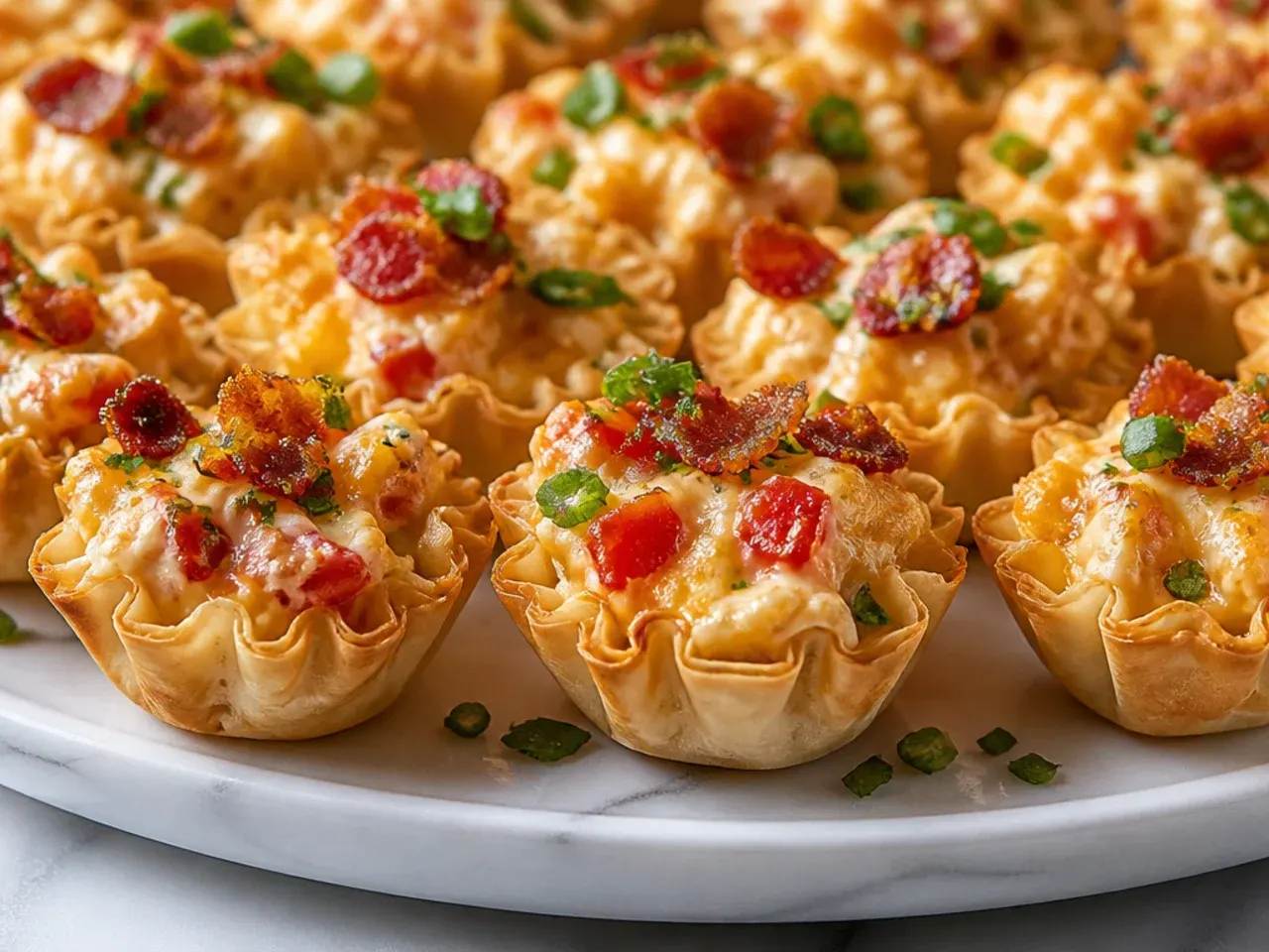 Cheesy bacon and tomato filled mini phyllo cups fresh from the oven