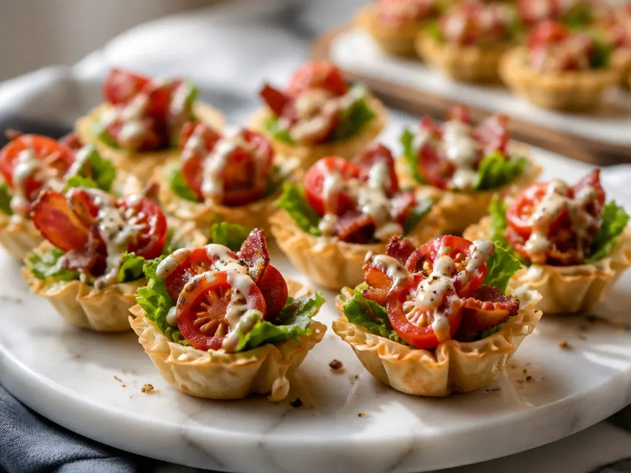 Mini phyllo cups layered with bacon, lettuce and tomato like a bite-sized BLT