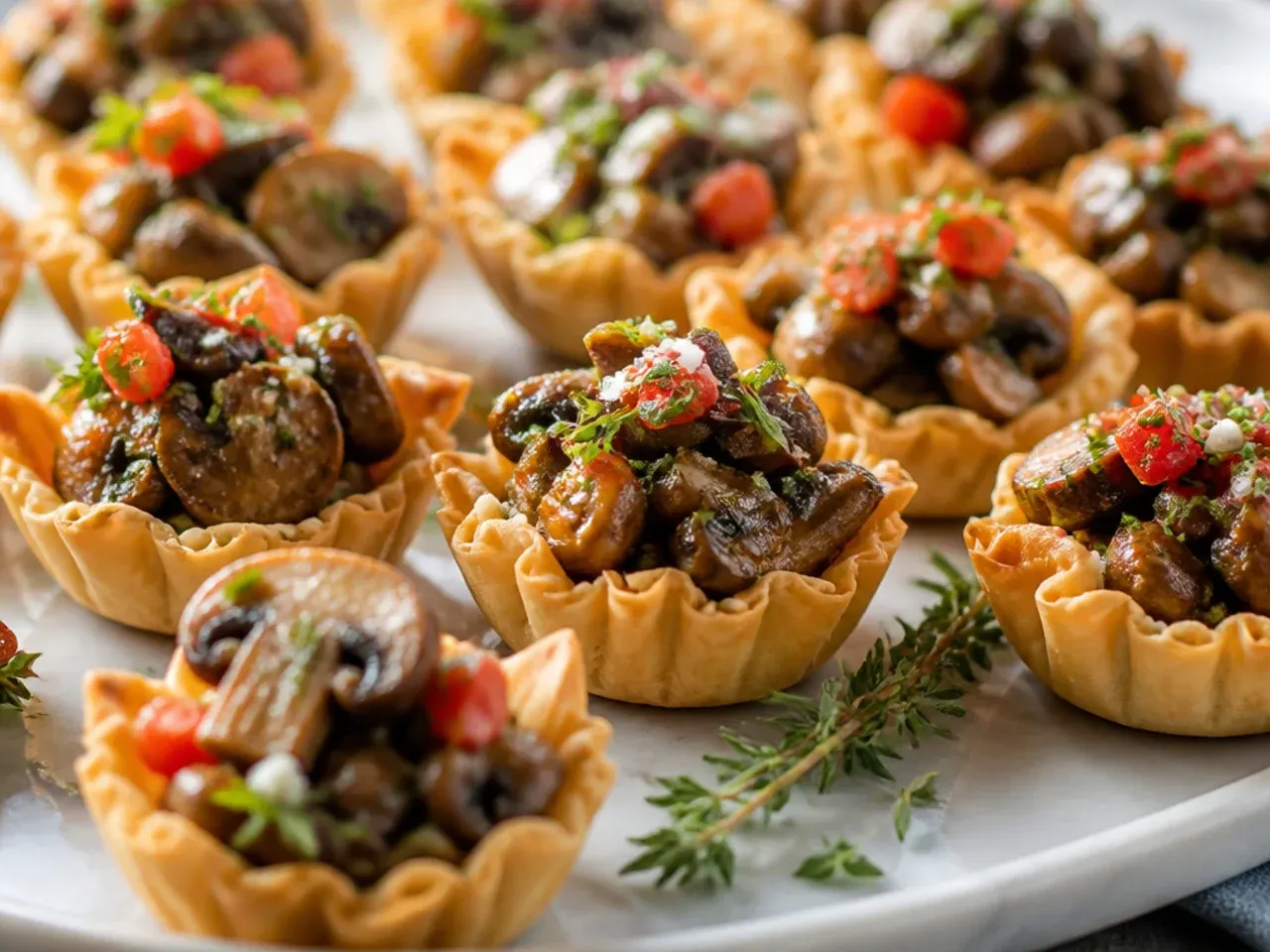Mini phyllo cups filled with a rich mushroom and thyme mixture
