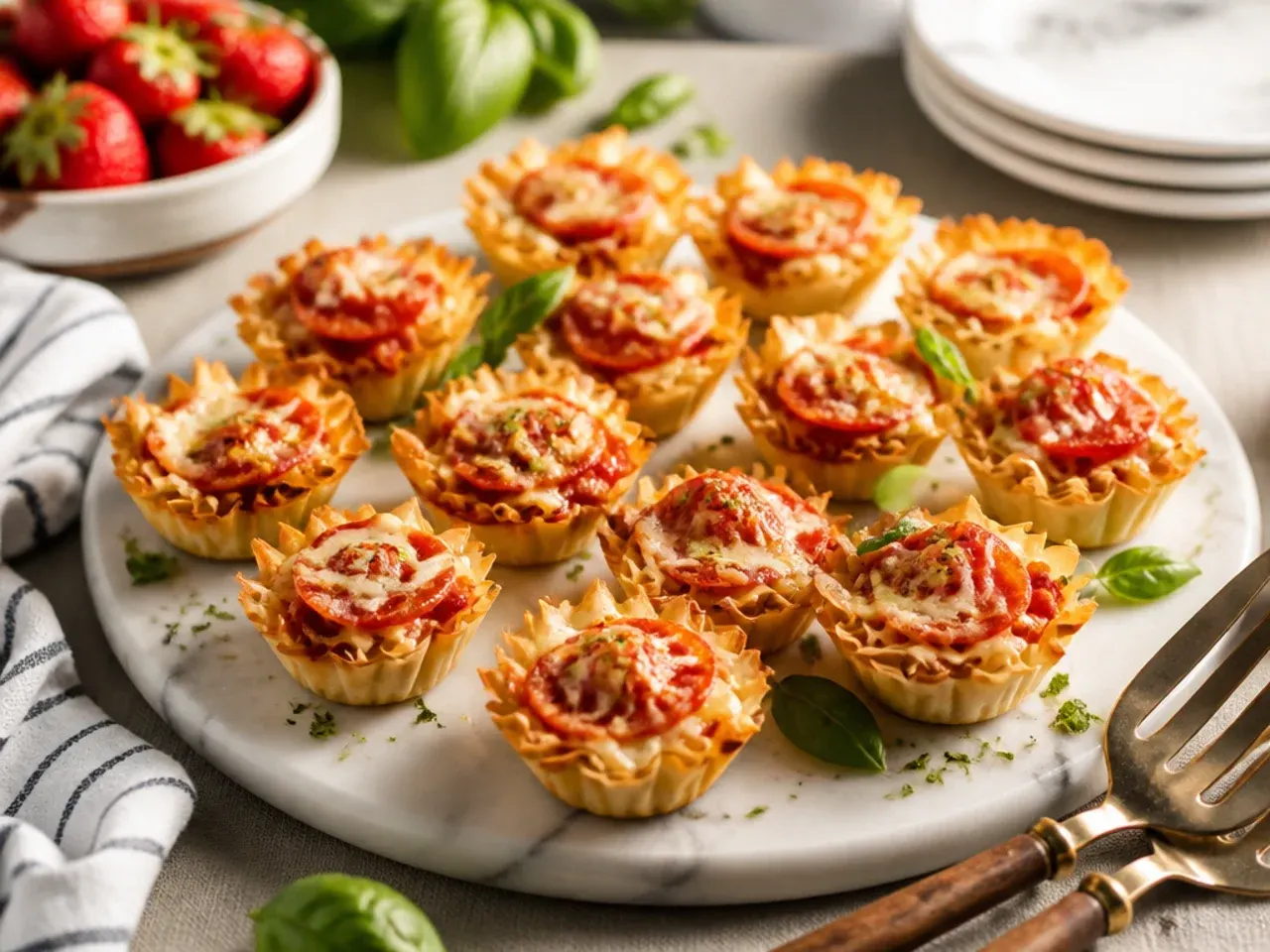 Mini phyllo cups topped with tomato sauce, mozzarella and pepperoni like tiny pizzas