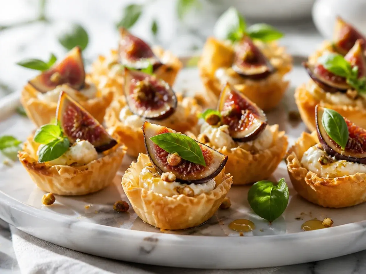 Mini phyllo cups filled with goat cheese, fig and a drizzle of honey