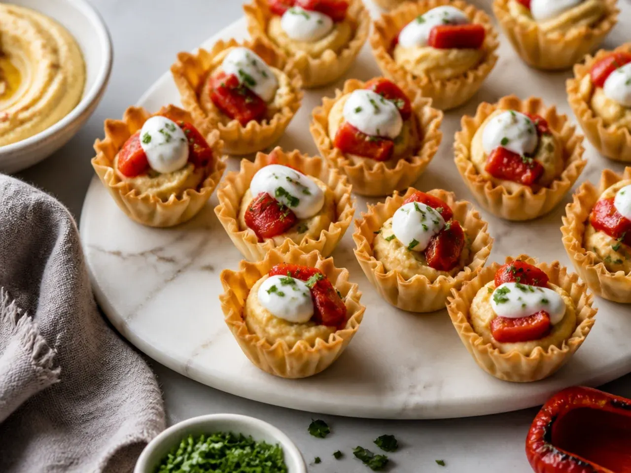 Mini phyllo cups filled with hummus and topped with roasted red pepper