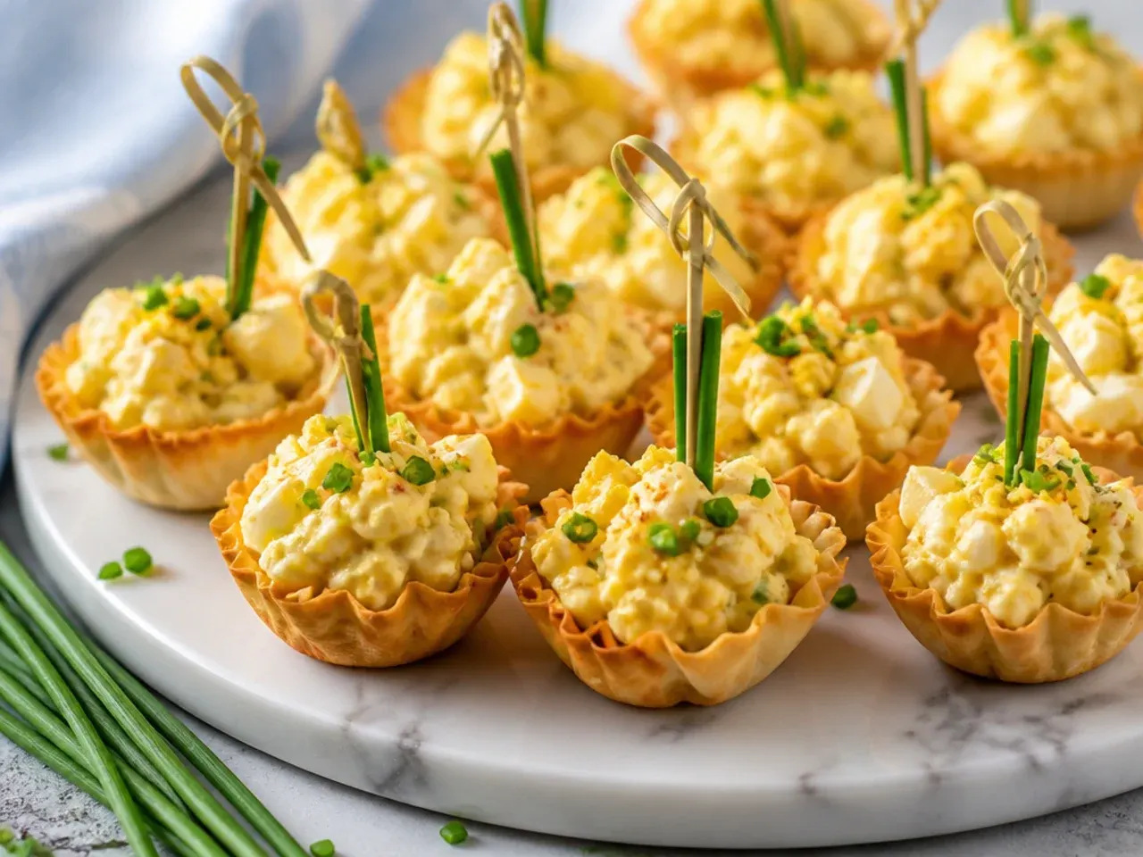 Mini phyllo cups filled with creamy egg salad and chives