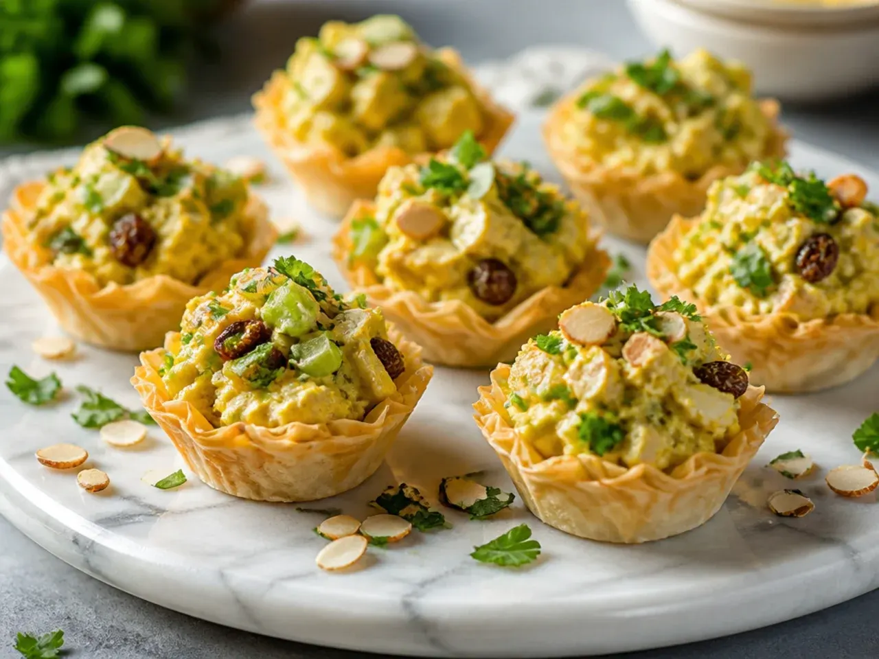 Mini phyllo cups filled with curried chicken salad and toasted almonds
