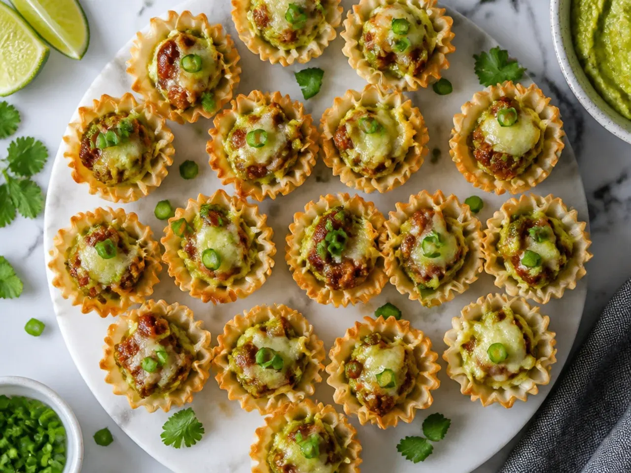 Mini phyllo cups filled with guacamole and crisp chorizo pieces