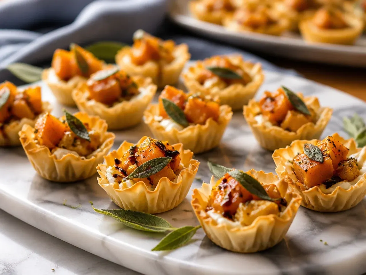 Mini phyllo cups filled with roasted butternut squash and a crisp sage leaf