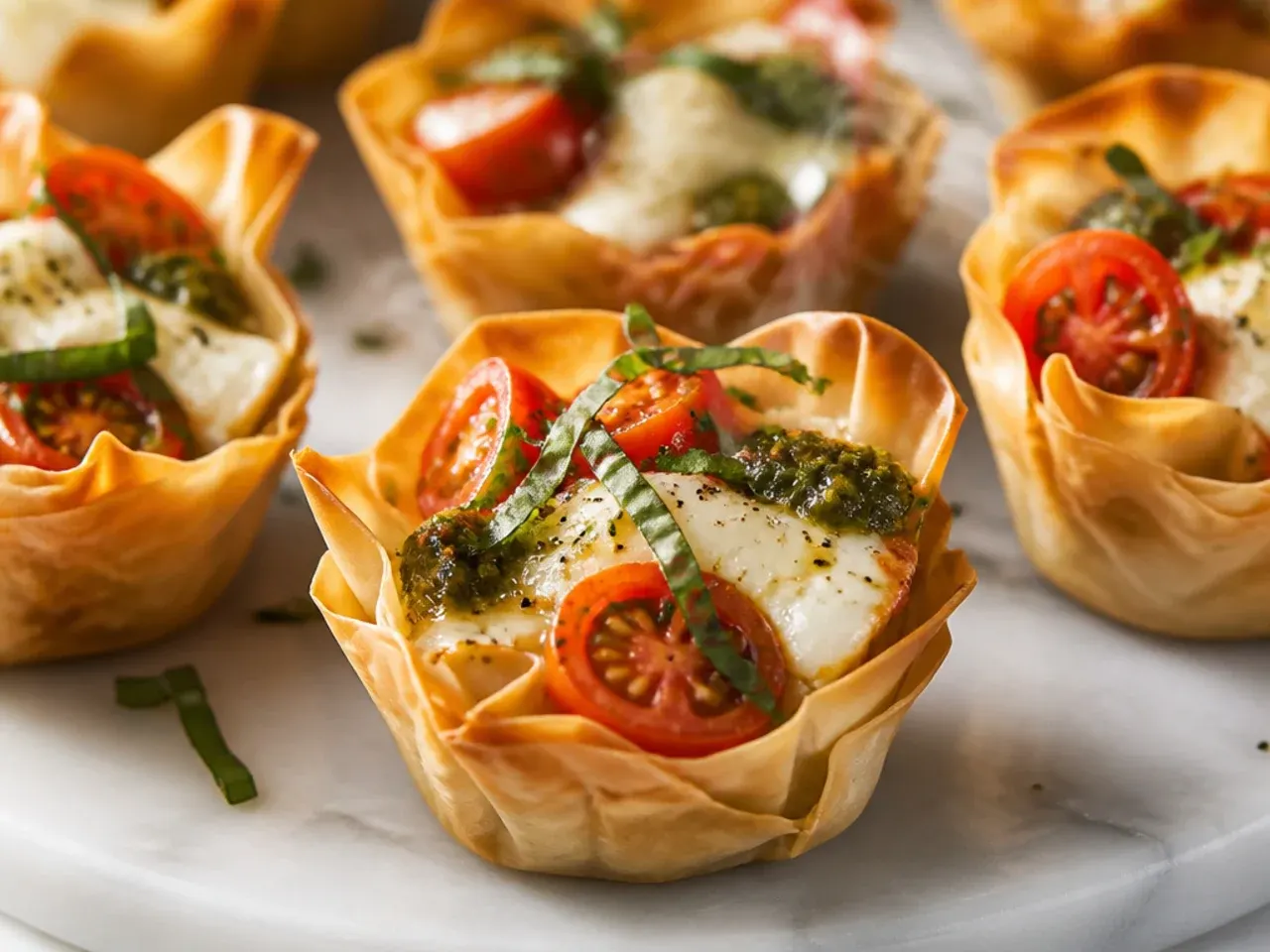 Mini phyllo cups filled with pesto, mozzarella and cherry tomato