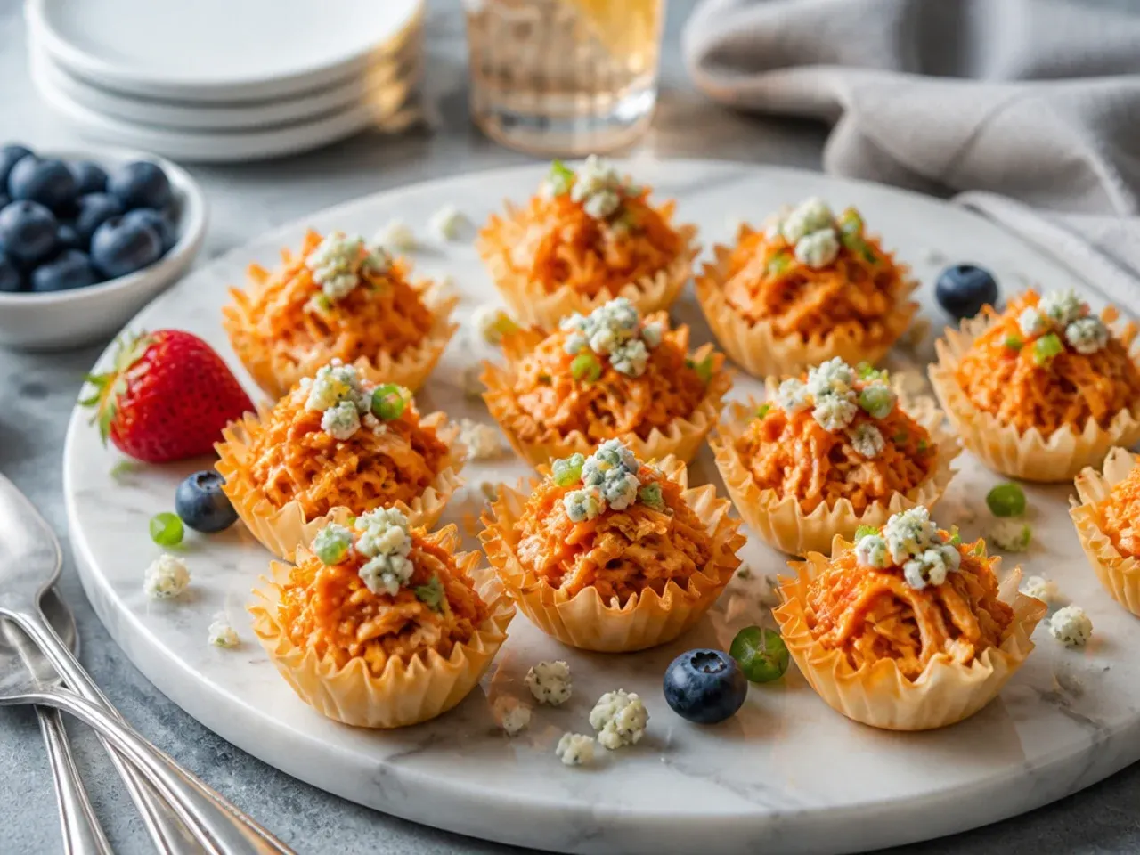 Mini phyllo cups filled with buffalo chicken and crumbled blue cheese