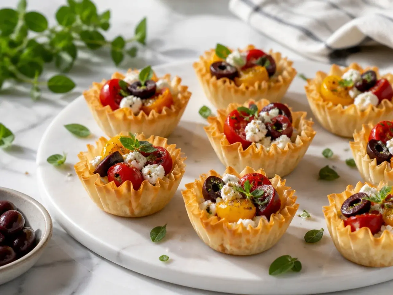 A large platter of assorted mini phyllo cup appetizers arranged for a party