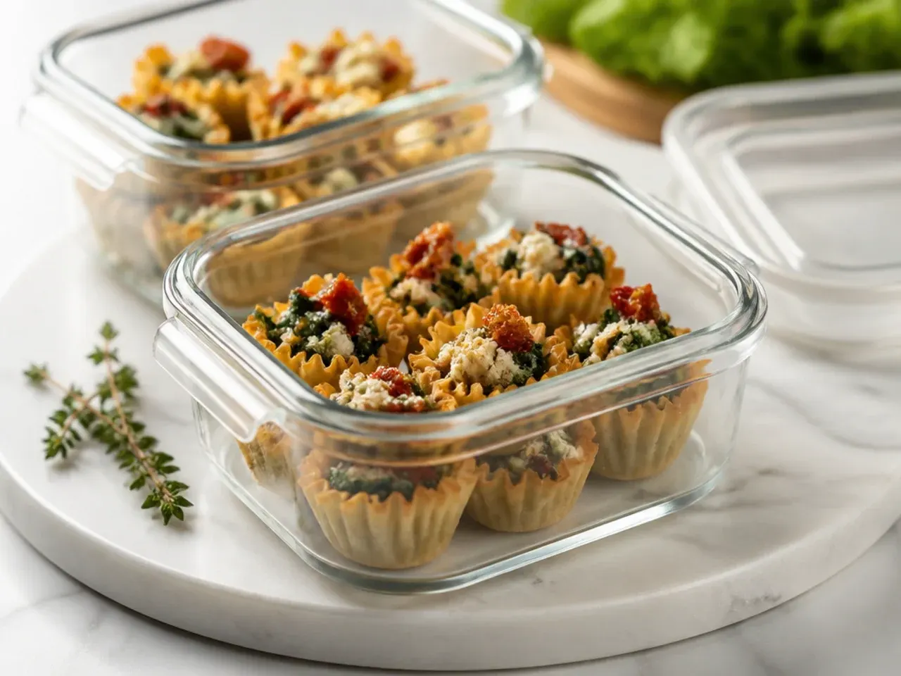 Baked mini phyllo shells stored in an airtight container ready for filling later