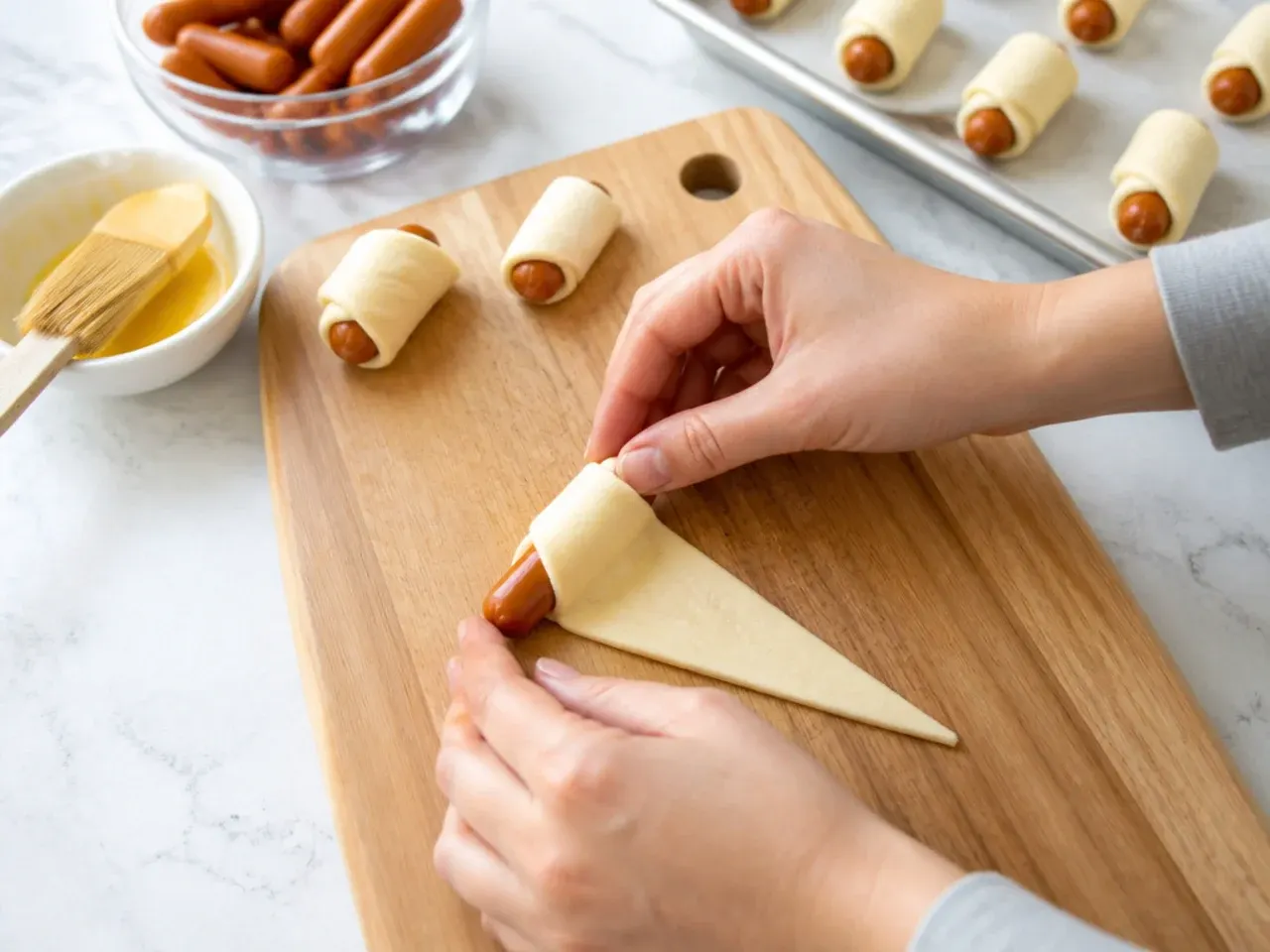 mini pigs in a blanket — step 3: wrap the sausages