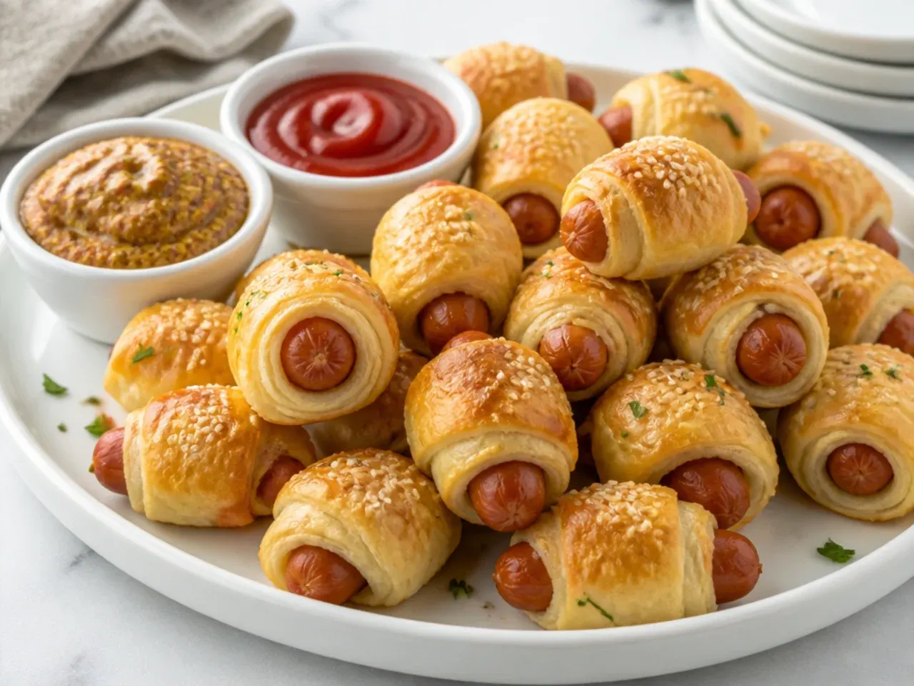 A platter of golden mini pigs in a blanket with dipping sauces for a party