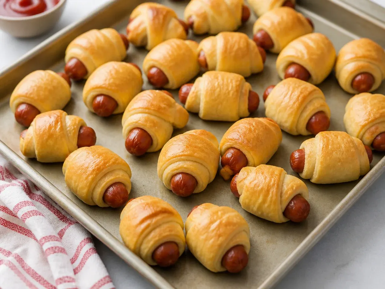 Classic crescent roll mini pigs in a blanket arranged on a baking sheet