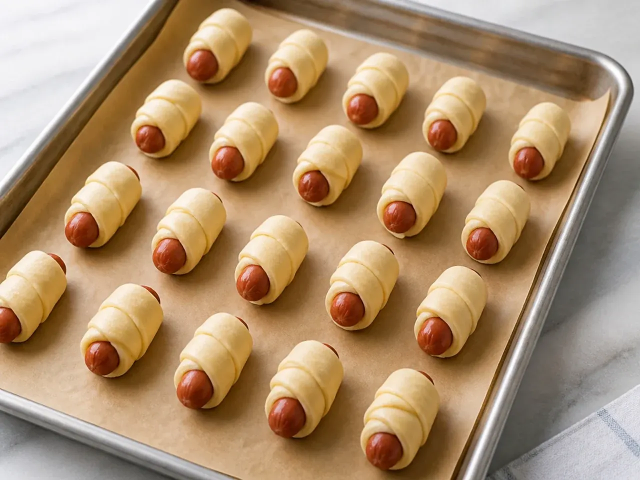 Simple two-ingredient mini pigs in a blanket ready to bake