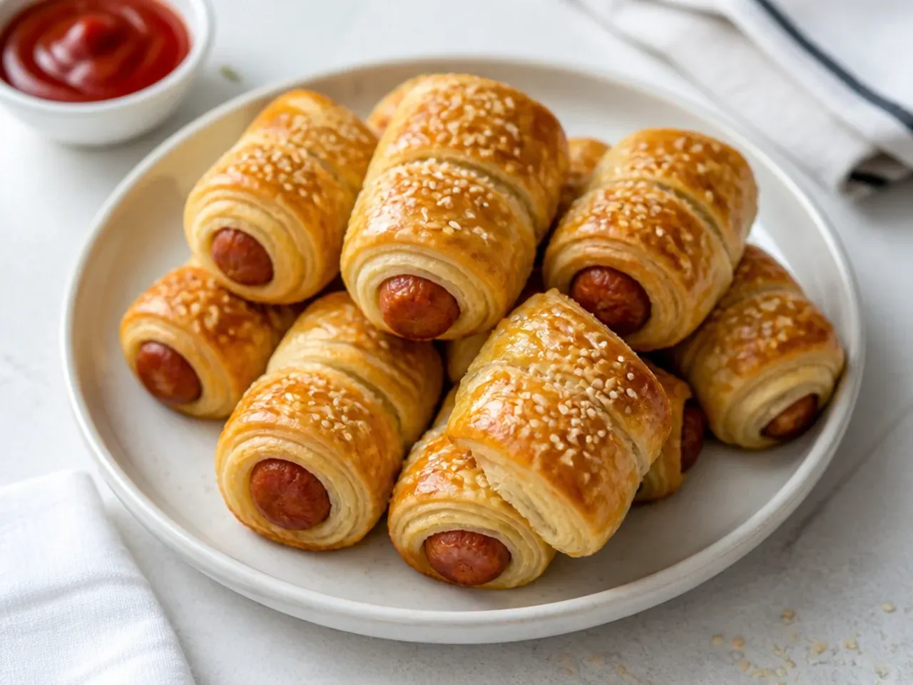 Elegant puff pastry mini pigs in a blanket with flaky golden layers