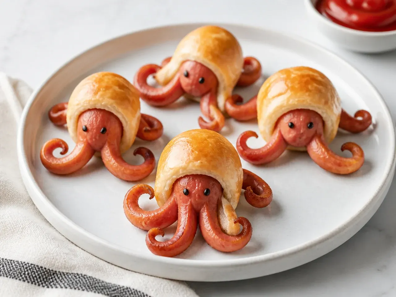 Playful octopus-shaped mini pigs in a blanket with curled sausage legs