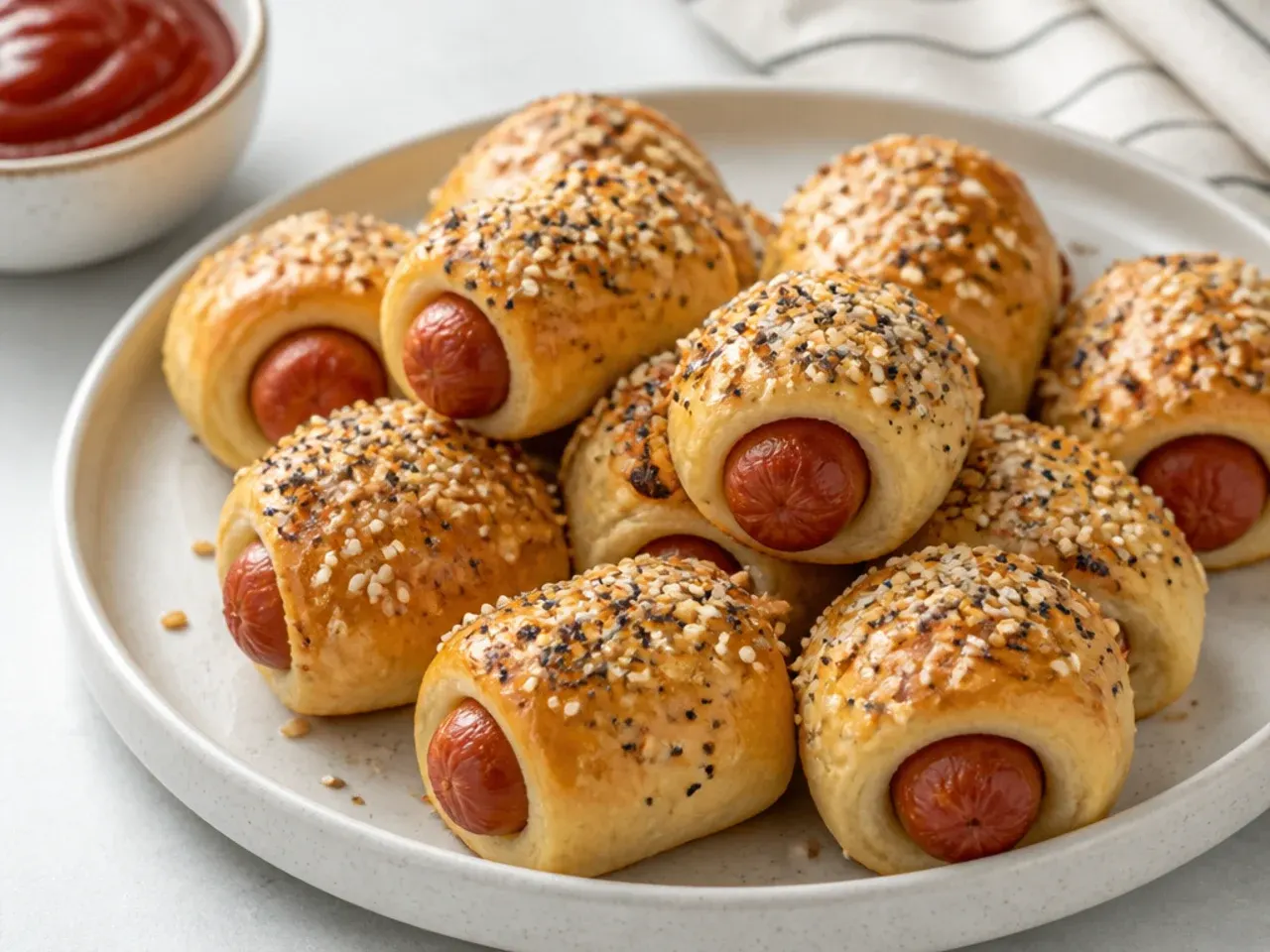 Modern everything bagel mini pigs in a blanket topped with seeds