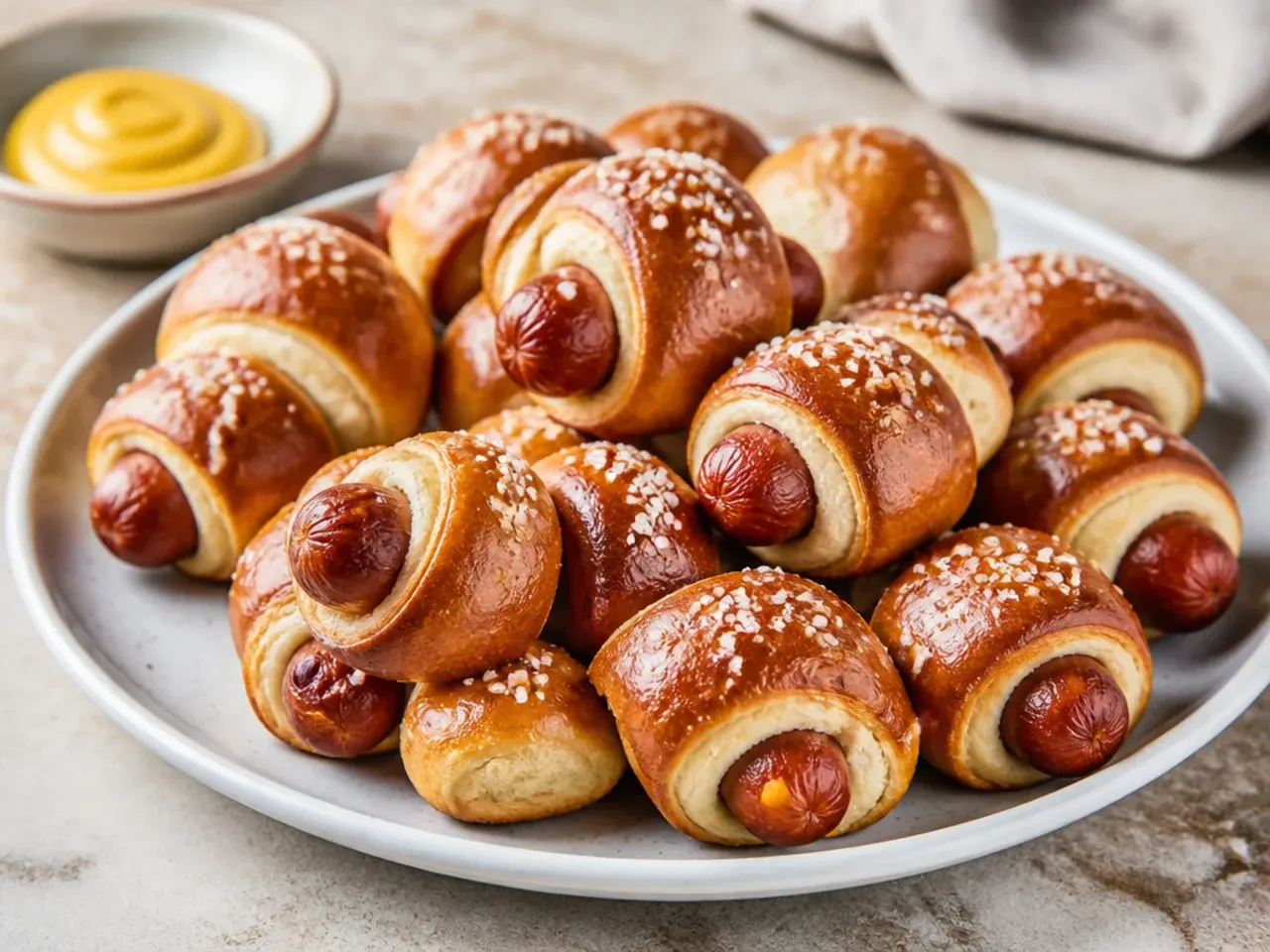 Rustic pretzel-style mini pigs in a blanket with coarse salt