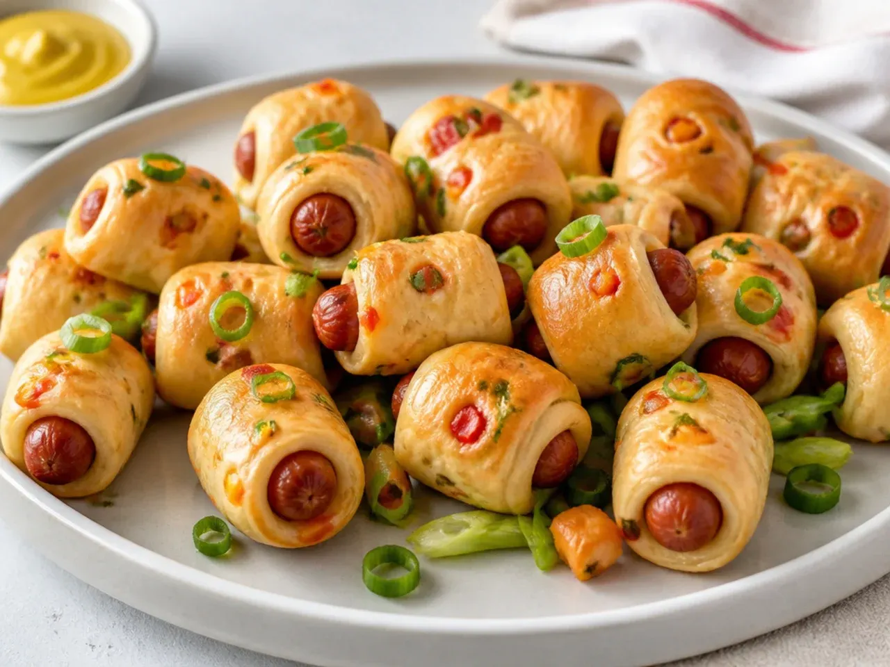 Colorful mini pigs in a blanket flecked with bell pepper and scallion
