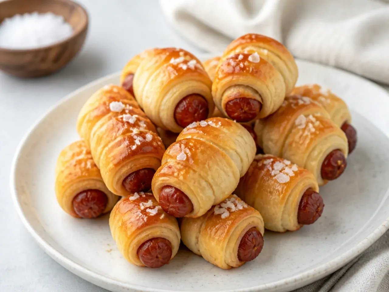 Minimal mini pigs in a blanket topped with flaky sea salt