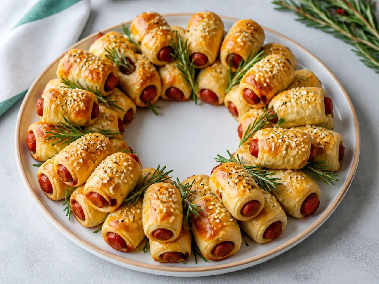 Festive holiday wreath of mini pigs in a blanket with rosemary garnish