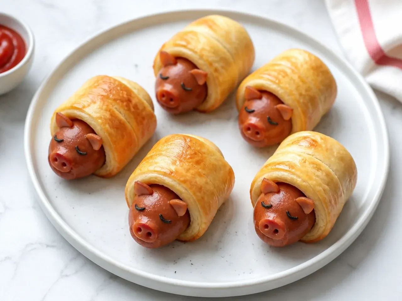 Whimsical mini pigs in a blanket wrapped like tiny sleeping bags