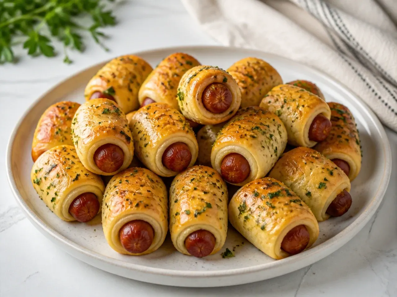 Delicate herb-butter mini pigs in a blanket brushed with fresh herbs