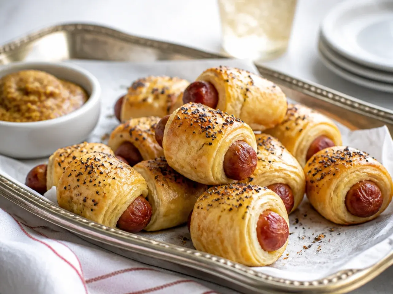 Vintage mustard and poppy seed mini pigs in a blanket on a retro tray