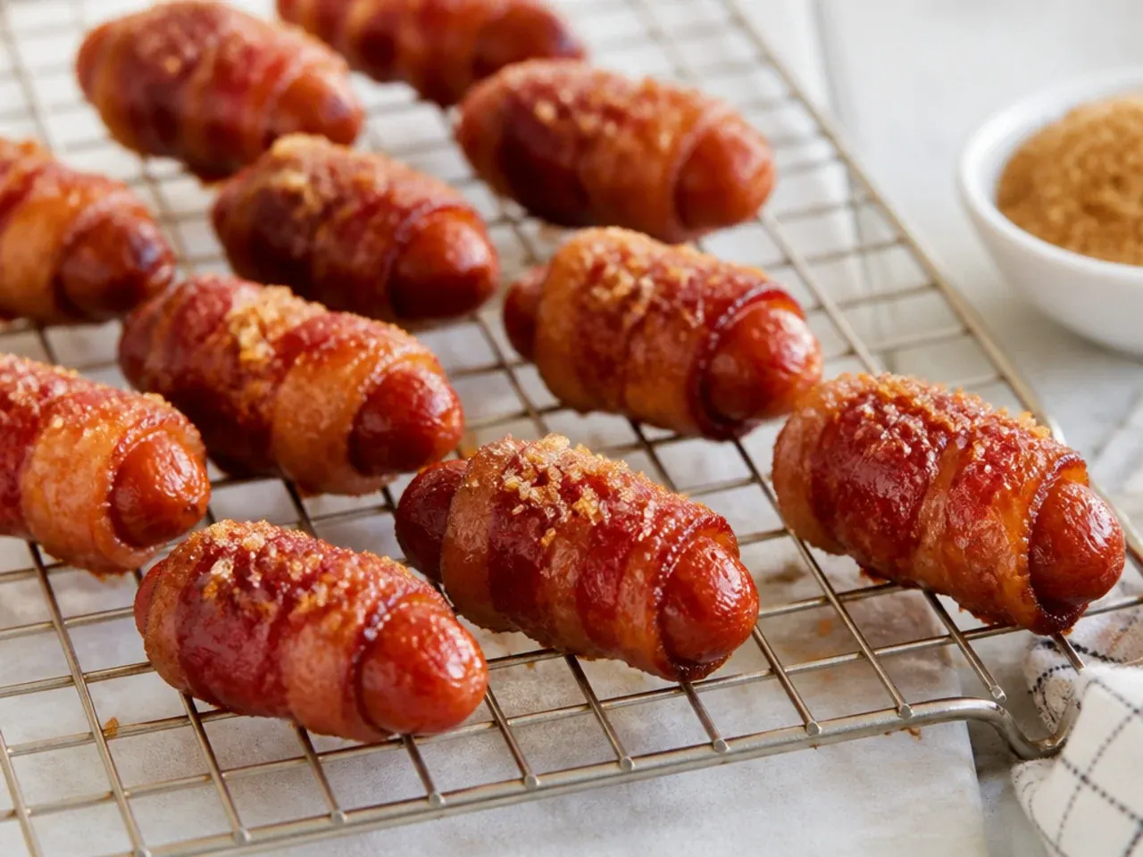 Creative bacon-wrapped brown sugar mini pigs in a blanket on a rack